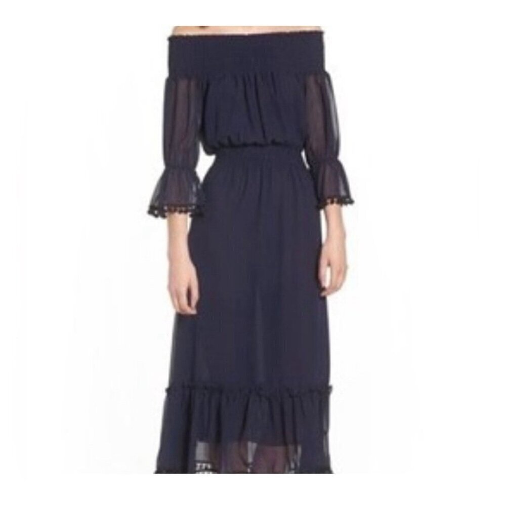 Misa Los Angeles Navy Smocked Cottage Gore Pom Midi Dress Women’s XS Read